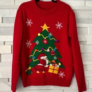 Silly Santa Pom Pom Ornaments Ugly Christmas Crewneck Intarsia Sweater L